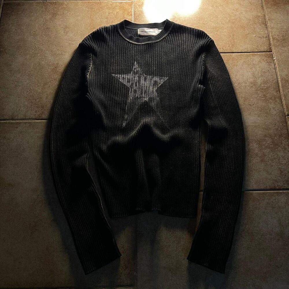 Japanese Vintage Faded Y2K Cracked Star Print Longsleeve Knit Sweater size L